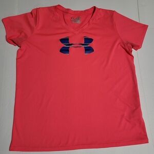 (#15) Under Armour Coral-Pink V-Neck Performance Tee with Blue Logo